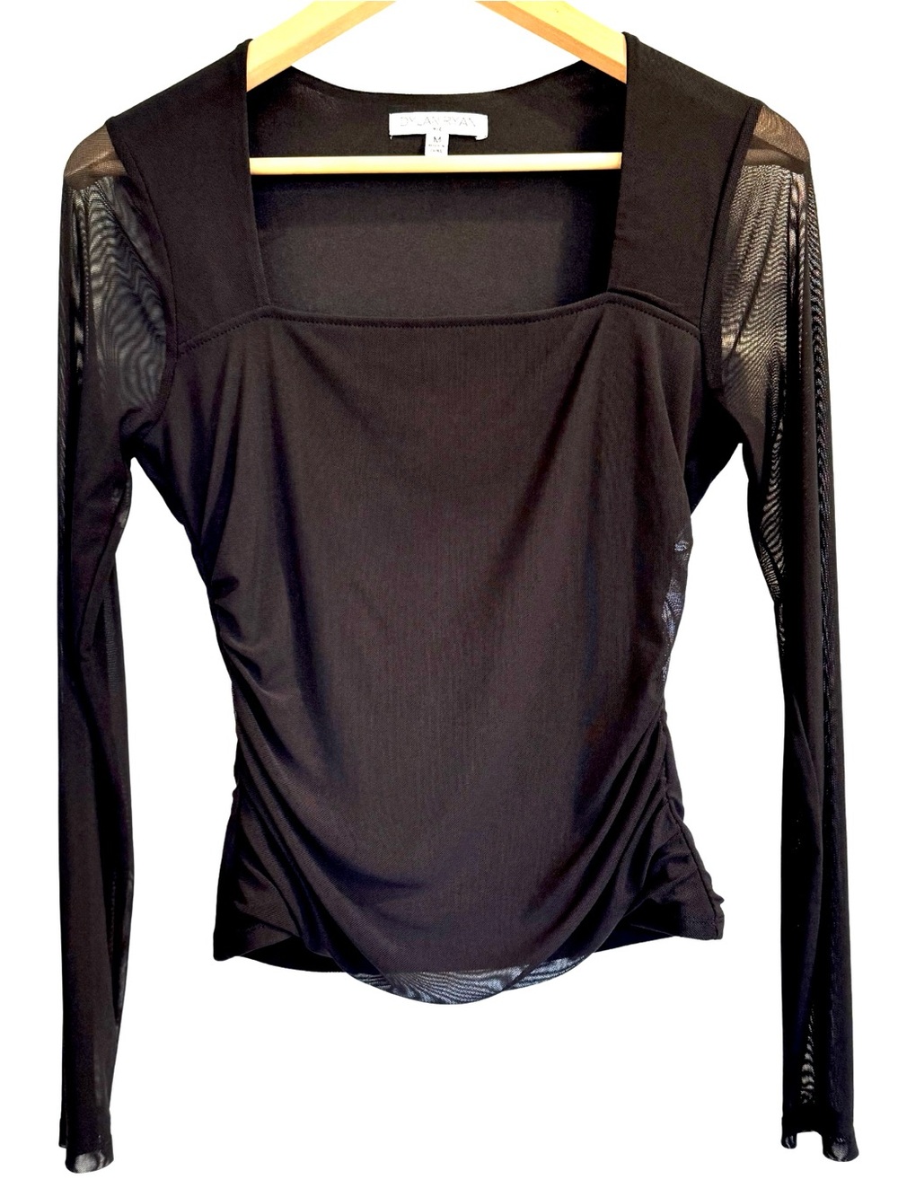 Dylan Ryan NYC Black Ruched Mesh Sleeve Top Size M
